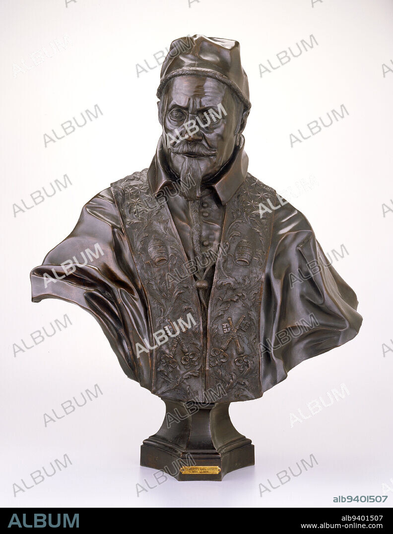 Portrait Bust of Pope Clement X, modeled c. 1668 (cast late 17th century), Circle of Gianlorenzo Bernini, Italian (Rome), Italian, 15981680, 36 x 28 1/4 x 14 1/4 in. (91.44 x 71.76 x 36.2 cm), Bronze, Italy, 17th century, Elected pope in 1670 at the age of eighty, Clement X at first refused to accept the job, but then launched into a frenzy of activity during his papacy of six years. In this sculptural likeness, Clements turned head and the dramatic folds of his robes suggest a man engaged in dynamic conversation. His embroidered stole shows the papal insigniathe crossed keys and the tiaraand the six stars from the popes family coat of arms. Bernini, the popes frequent go-to artist, and his contemporaries in Rome breathed new energy into an old art form, the portrait bust, by focusing on the living presence and personality of their sitters.