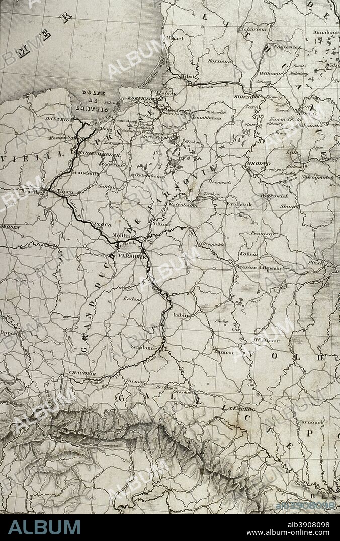 Mapa de la Rusia Europea. Detalle de la costa Báltica y del territorio del Gran Ducado de Varsovia. Historia del Consulado y del Imperio de Napoleón (Atlas de l'Histoire du Consulat et de l'Empire). Obra de Marie Joseph Louis Adolphe Thiers (1797-1877). Dibujos realizados por Dufour y grabados por Dyonnet. Editado en París, 1864. Biblioteca Histórico Militar de Barcelona. Cataluña, España.