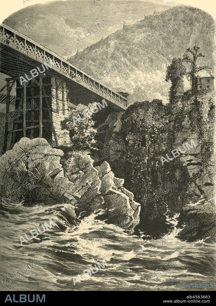 JAMES L. LANGRIDGE. 'The West Branch of Bellows Falls', 1874. The Tucker Toll Bridge over the Connecticut River at Bellows Falls, Vermont, USA. 'Standing on the bridge which crosses the river, one looks down into the foaming flood below. The gorge at this point is so narrow that it seems as if one could almost leap over it. Through this chasm the water dashes wildly, striking with prodigious force on the rocks below, and by the reaction is driven back for quite a space upon itself. In a distance of half a mile the water descends about fifty feet'. From "Picturesque America; or, The Land We Live In, A Delineation by Pen and Pencil of the Mountains, Rivers, Lakes...with Illustrations on Steel and Wood by Eminent American Artists" Vol. II, edited by William Cullen Bryant. [D. Appleton and Company, New York, 1874].