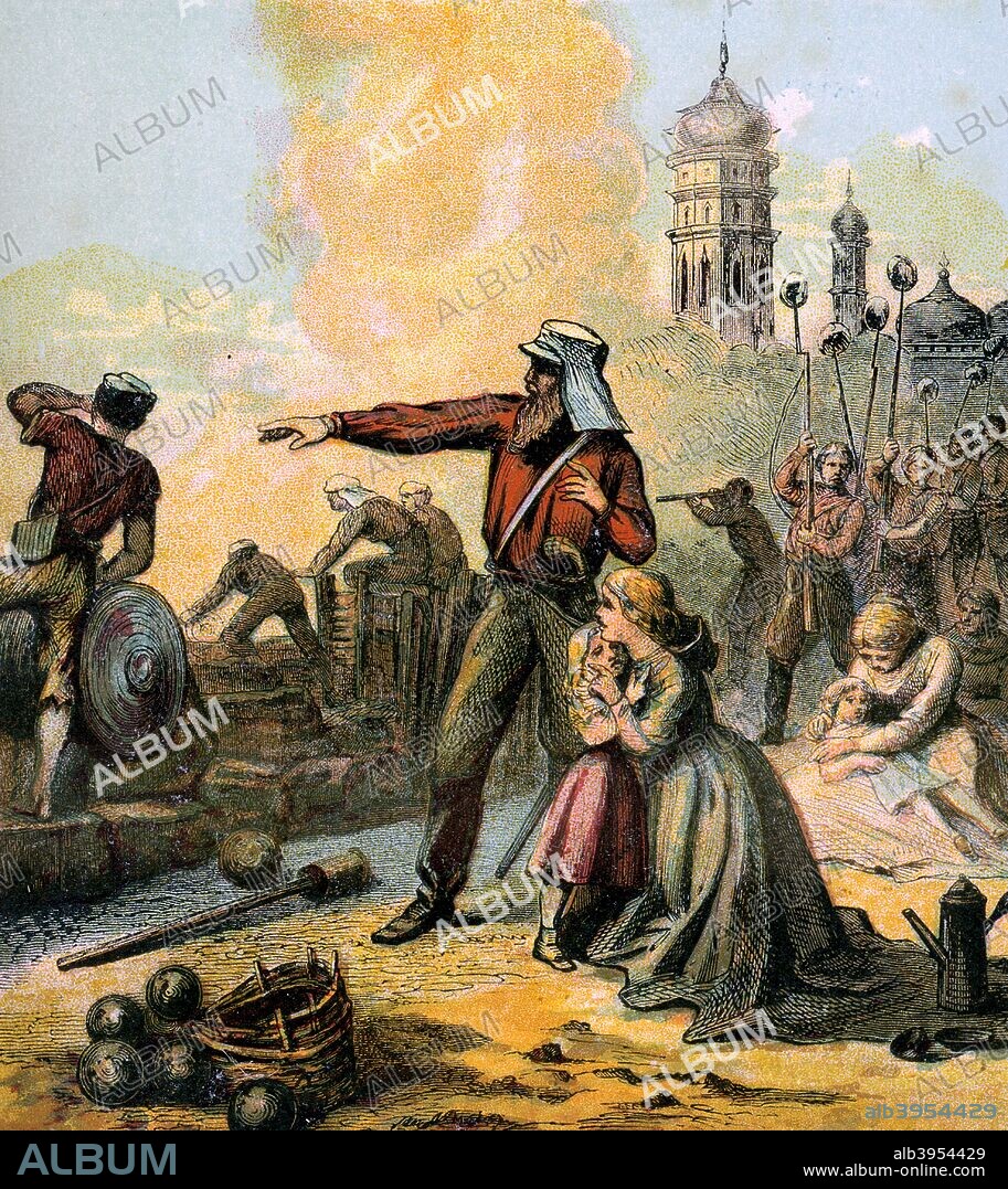 'The Relief of Lucknow', 1857 (c1850s). The siege of Lucknow was one of the major engagements of the uprising against British rule in India which began in 1857. Lucknow itself was besieged by mutineers for 87 days from the outbreak of the mutiny until a column commanded by General Sir Henry Havelock broke through on 25th September 1857. Havelock's force was insufficient to break the siege however, and Lucknow was once again surrounded until finally relieved by another, larger force led by General Sir Colin Campbell on 25th November 1857. Colour plate taken from the book Pictures of English History, George Routledge And Sons, (London, New York, c1850).