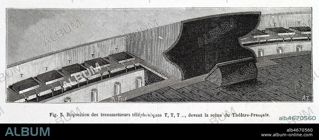 'Disposition des transmetteurs telephoniques T, T, T..., devant la scene du Theatre Francais', l'installation des microphones pour la mise en place du theatrophone de Clement ADER (1841-1925), gravure par A. TILLY in la Nature, Revue des Sciences et de leurs applications aux Arts et a l'Industrie, 1881. Credit : Collection KHARBINE-TAPABOR.