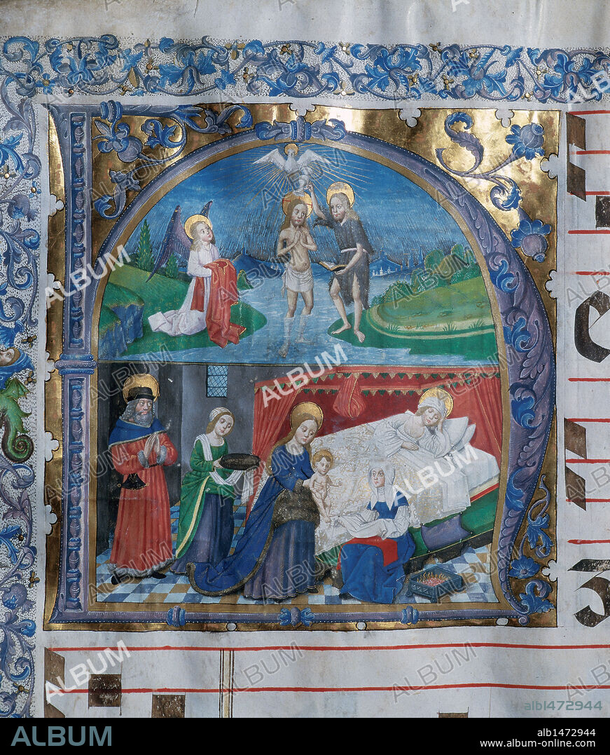 MAESTRO DE BURGO DE OSMA. "CANTORAL Nº4". Canto gregoriano. S. XV. Antifonario. Tiempo de Pascua. Pergamino. Tamaño: 800 x 600 mm. "BAUTISMO DE JESUS EN EL RIO JORDAN Y NACIMIENTO DE SAN JUAN BAUTISTA". Letra capitular "E" del fólio 85 v. Obra del MAESTRO DE OSMA, hacia 1460-0. Perteneciente al "Scriptórium" del Monasterio de San Jerónimo de Guijola (Soria) o procedente de la recuperación de la Desamortización (S. XIX). Archivo Capitular de El Burgo de Osma. (Soria) .
