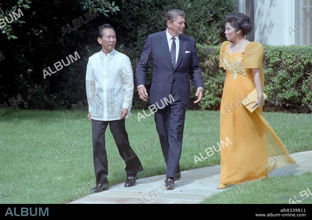 Phillipines President Ferdinand and Imelda Marcos at the White House with US President Ronald Reagan in 1982. Ferdinand Emmanuel Edralin Marcos Sr. (September 11, 1917 - September 28, 1989) was a Filipino politician and lawyer who was the 10th president of the Philippines from 1965 to 1986. Imelda Romualdez Marcos (born July 2, 1929) is a Filipina politician and convicted criminal who was First Lady of the Philippines for 20 years. Ronald Wilson Reagan (February 6, 1911 - June 5, 2004) was an American politician who served as the 40th president of the United States from 1981 to 1989. A member of the Republican Party, he previously served as the 33rd governor of California from 1967 to 1975 after a career as a Hollywood actor and union leader.