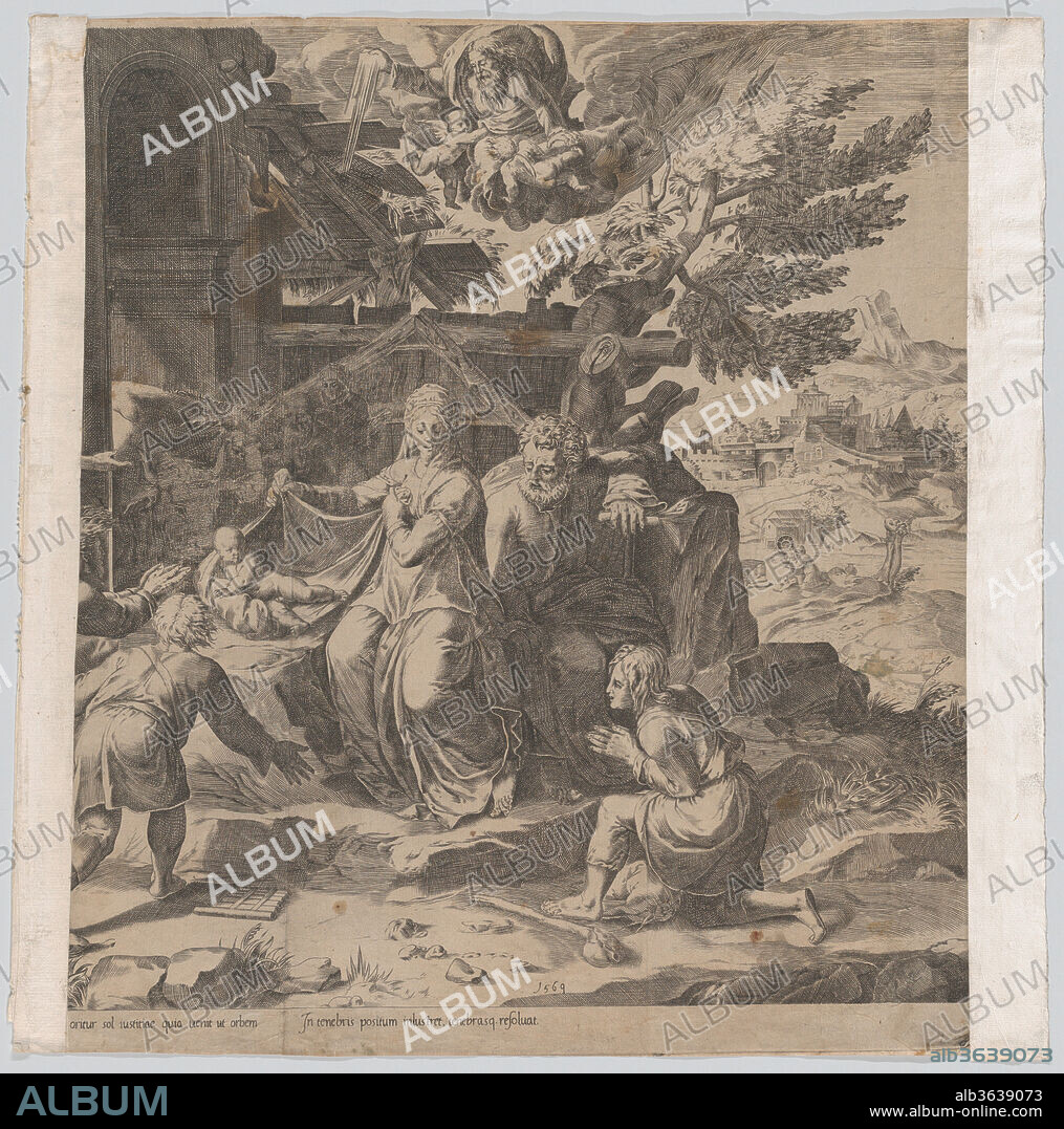 The Adoration of the Shepherds. Artist: Cornelis Cort (Netherlandish, Hoorn ca. 1533-1578 Rome); After Polidoro da Caravaggio (Italian, Caravaggio ca. 1499-ca. 1543 Messina). Date: 1569.