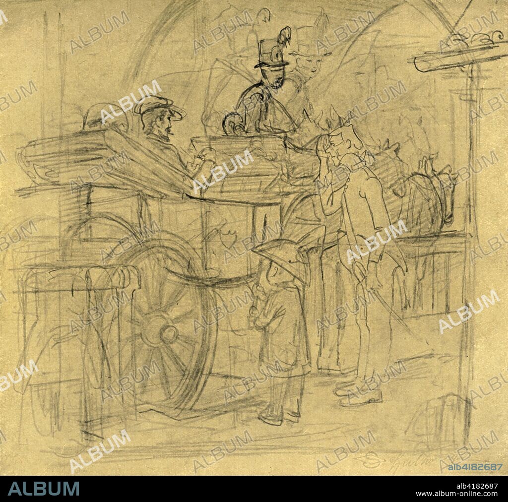 'Auf Reisen', mid-late 19th century, (c1924). People in a horse-drawn carriage. From "Die gute alte Zeit: Zeichnungen von Karl Spitzweg", (The Good Old Days: drawings by Karl Spitzweg). [Benjamin Harz, Berlin-Vienna, c1924].