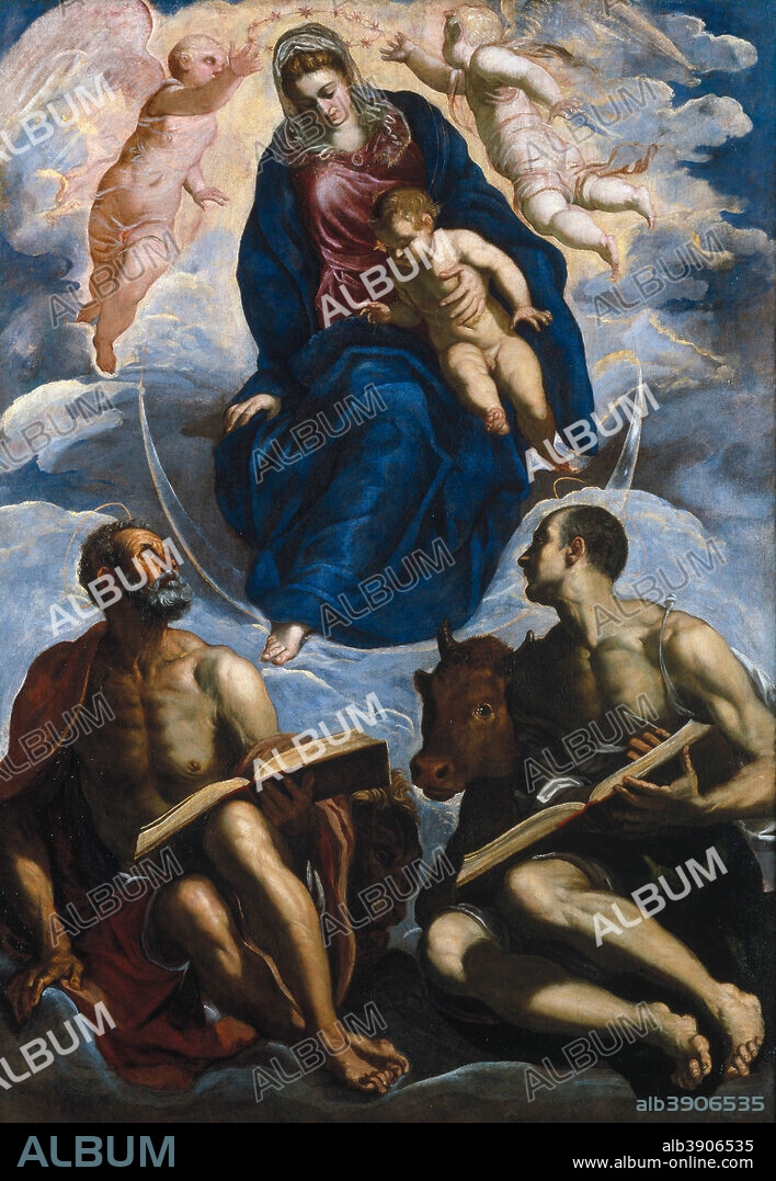 TINTORETTO. Mary with the Child, Venerated by St. Marc and St. Luke. Date/Period: Before 1570. Painting. On canvas. Height: 228 cm (89.7 in); Width: 160 cm (62.9 in).