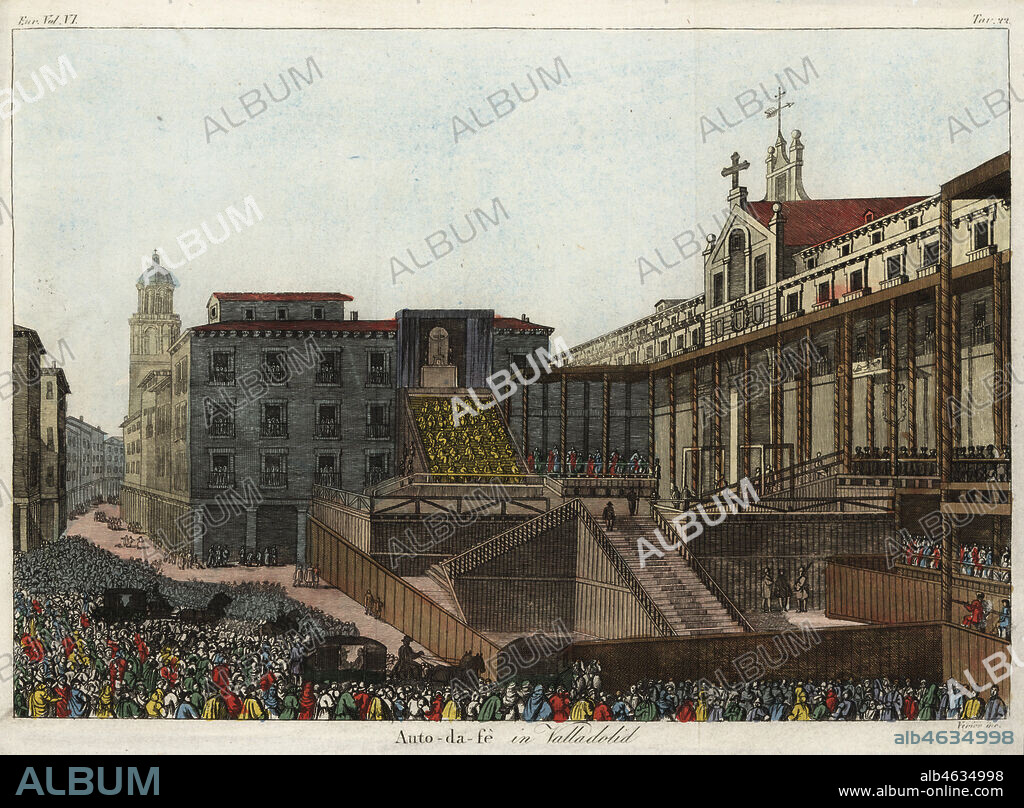 Auto-da-fe trial and punishment ceremony by the Spanish Inquisition at Valladolid, Spain, 21 May 1559. Execution in the presence of King Philip II of Spain. Heretics burnt at the stake included Protestant martyr Augustino de Cazalla. Auto-da-fe in Valladolid. Handcoloured copperplate engraving by Verico after Giulio Ferrario in his Costumes Ancient and Modern of the Peoples of the World, Il Costume Antico e Modern o Story, Florence, 1829.