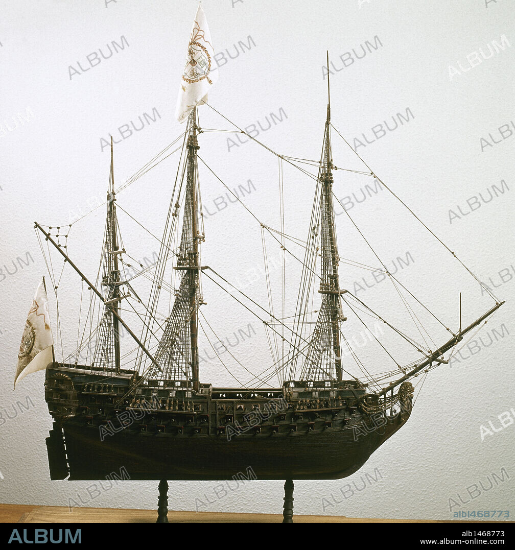 HISTORIA DE LA NAVEGACION. Maqueta del "REAL FELIPE", buque insignia de la Real Armada Española (1734). Museo Marítimo del Cantábrico. Santander. Cantabria. España.