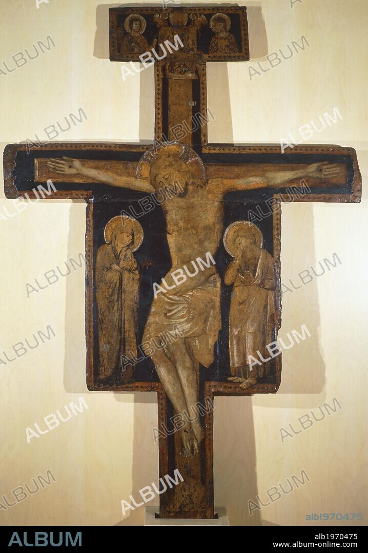 Crucifix, 13th century, by an unknown artist of the Roman School, tempera on panel, from the depository of the Church of San Tommaso of Cenci, Rome.