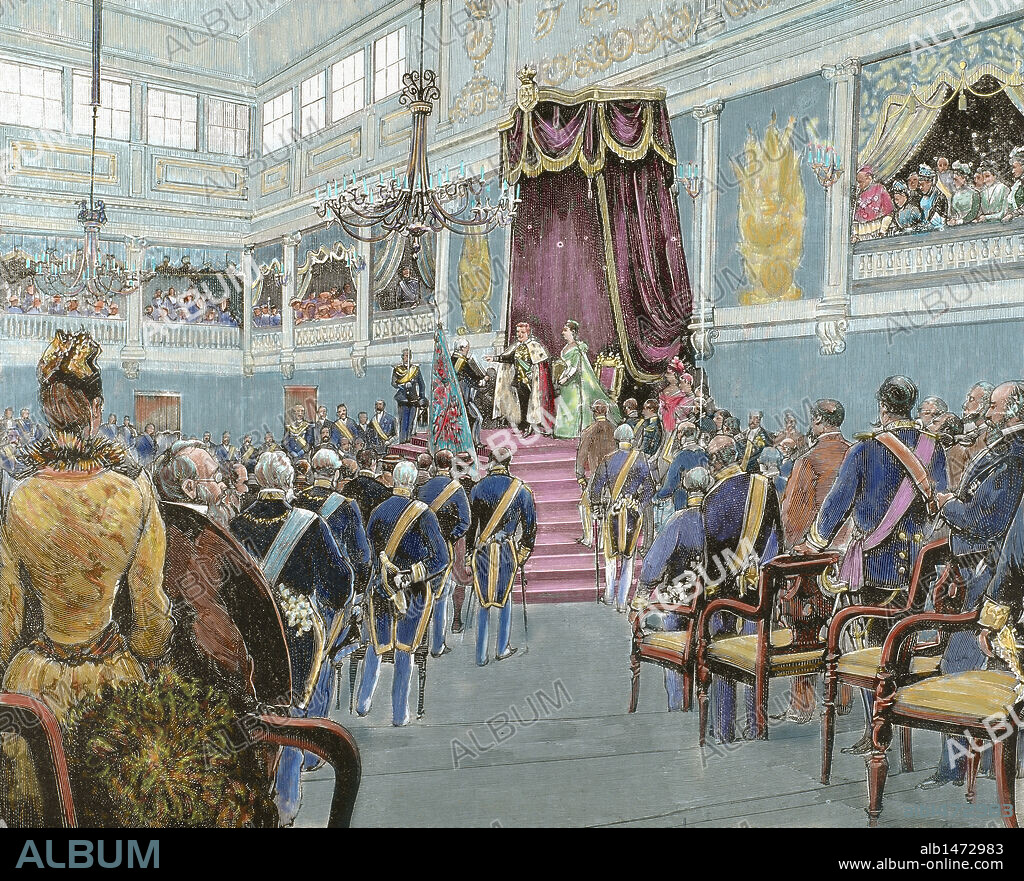 Carles I (Lisbon, 1863- Vila Vic¸osa, 1908). King of Portugal (1889-1908). Son of Louis I and Maria Pia de Savoie. Proclamation of Charles I as king of Portugal on December 28, 1889.  Engraving of 1890. Coloured.