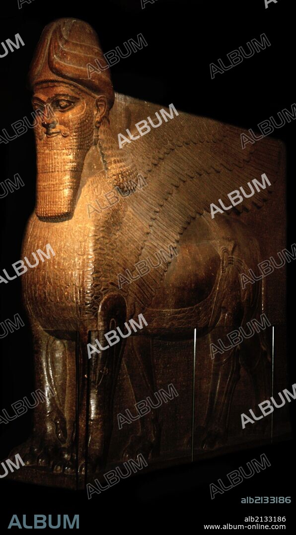 Winged human-headed bull statue known as a Lamassu or 'Protective spirit'. Assyrian, (circa 865-860 BC) from Nimrud. Assumed to have guarded the King's private apartments. (Photo by: Universal History Archive/UIG via Getty Images).
