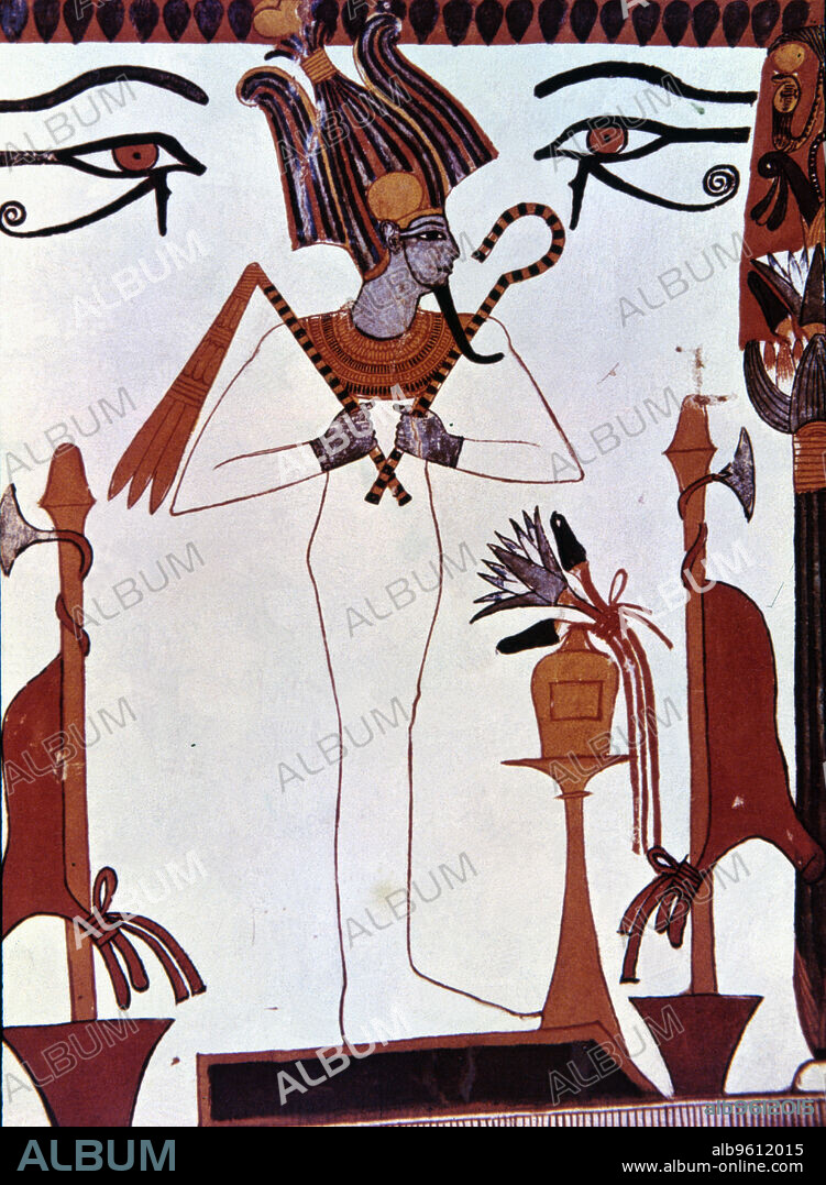The god Osiris scepter and whip Chapel fresco Sennutam.