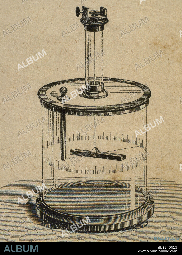 BALANZA DE COULOMB o BALANZA DE TORSION. Grabado del siglo XIX.