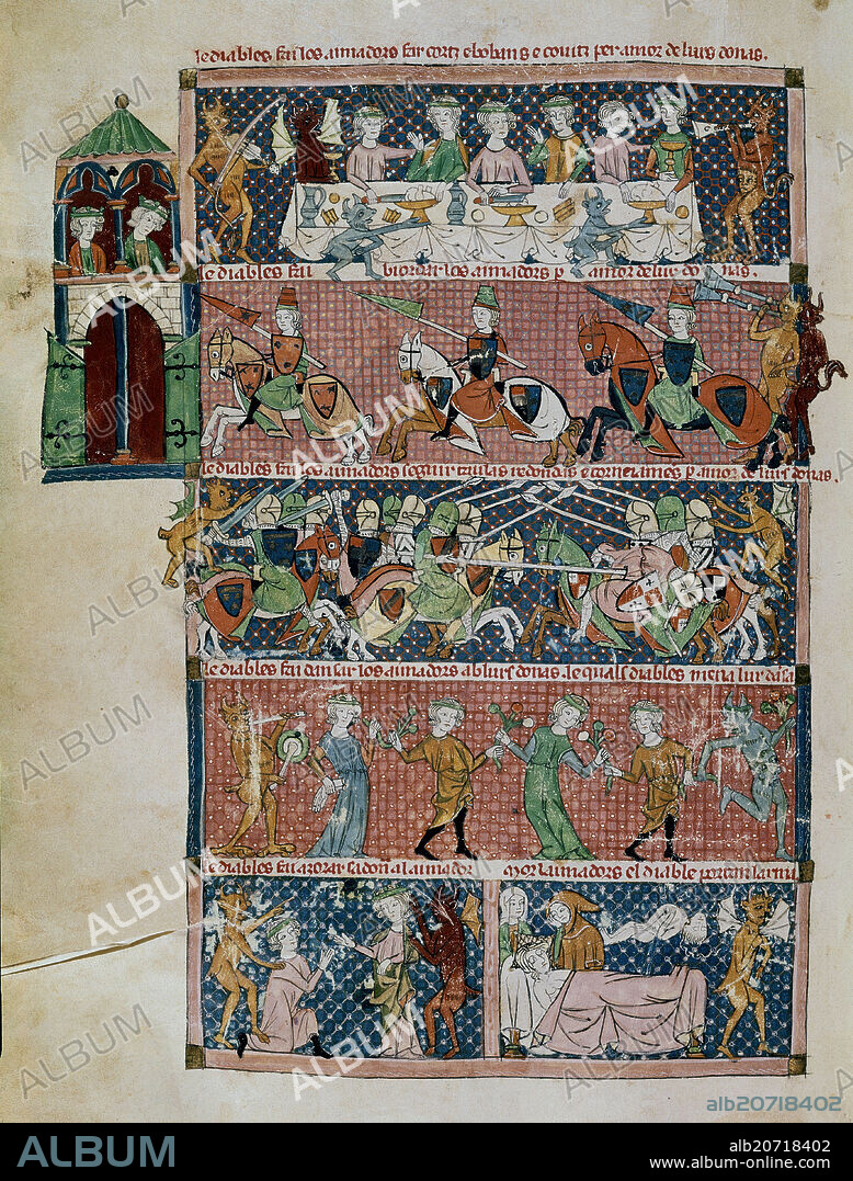 ERMENGOL DE BEZIERS (S. XIII). BREVIARIO DE AMOR - MINIATURA PROVENZAL - SIGLO XIII - S.1.3.-FOL 215 V - PLACERES PELIGROSOS DE LA VIDA MUNDANA.