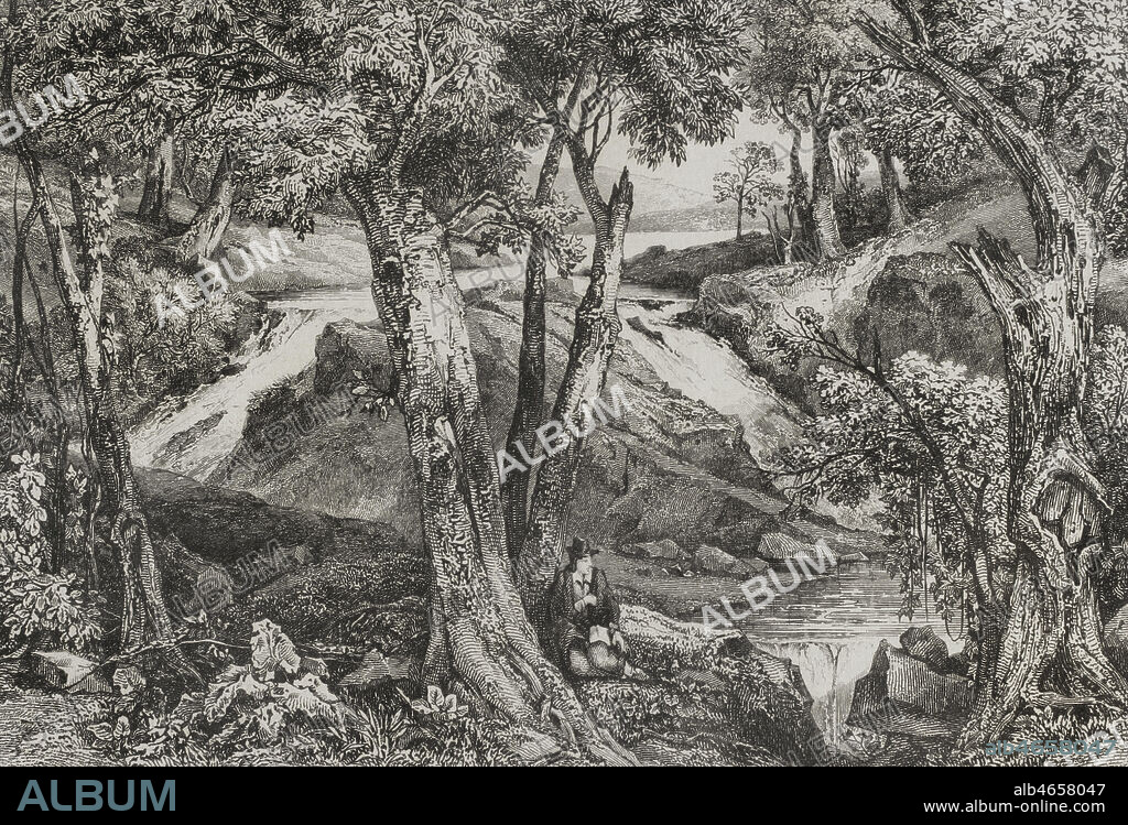 Estados Unidos de América. Cascada junto a los Baños de Schooley. Grabado por Lemaitre, Milbert y L. Thienon. Panorama Universal. Historia de los Estados Unidos de América, por Roux de Rochelle. Edición española, impresa en Barcelona,1850.