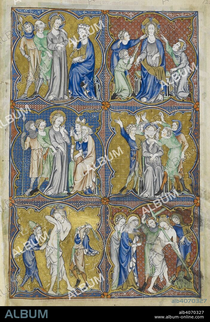 Miniature of six scenes from the Passion of Christ: Christ before Pilate, the Mocking of Christ, Christ before Herod and a Jewish priest, the Blindfolding of Christ, the Flagellation of Christ, and Christ carrying the cross. Psalter (the 'De Lisle Psalter'; 'Arundel 83 II'), including a Sarum calendar (ff. 117-122v), followed by 24 illustrations: 13 moral, devotional, and theological diagrams, 9 pages of images of the life of Christ, and two facing miniatures of the Madonna and child and the Crucifixion (ff. 123v-135). England, S. E. (London?); c. 1310. Source: Arundel 83, f.125. Language: Latin, with French and English.