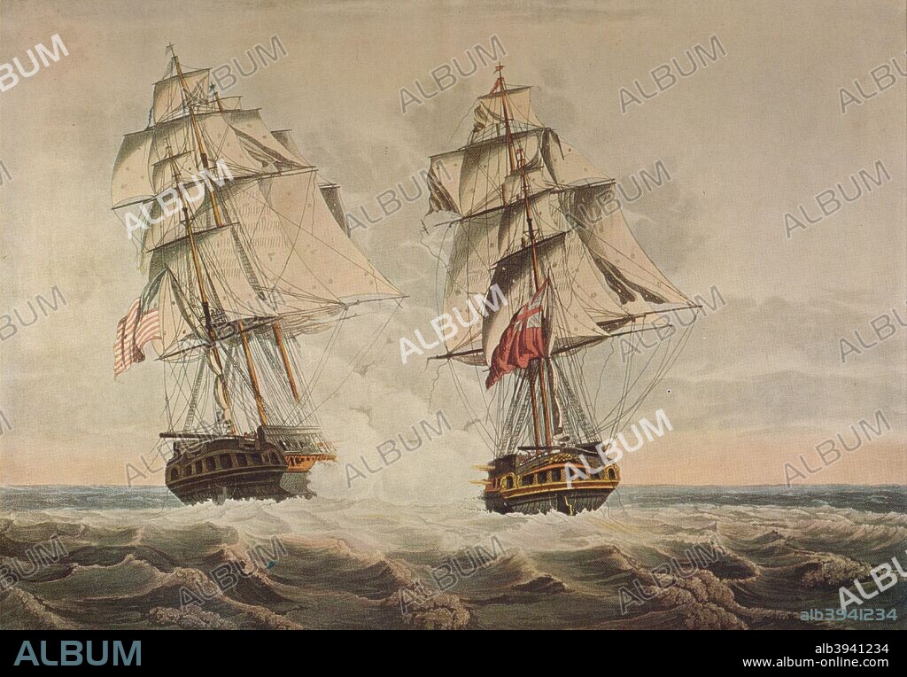 'Capture of the President', c1815. The capture of the American heavy frigate USS 'President' by the British on 15 January 1815. The 'President' was captured after she was damaged by the British frigate HMS 'Endymion' while attempting to escape the British blockade of New York during the War of 1812. From Old Naval Prints, by Charles N. Robinson & Geoffrey Holme. [The Studio Limited, London, 1924].