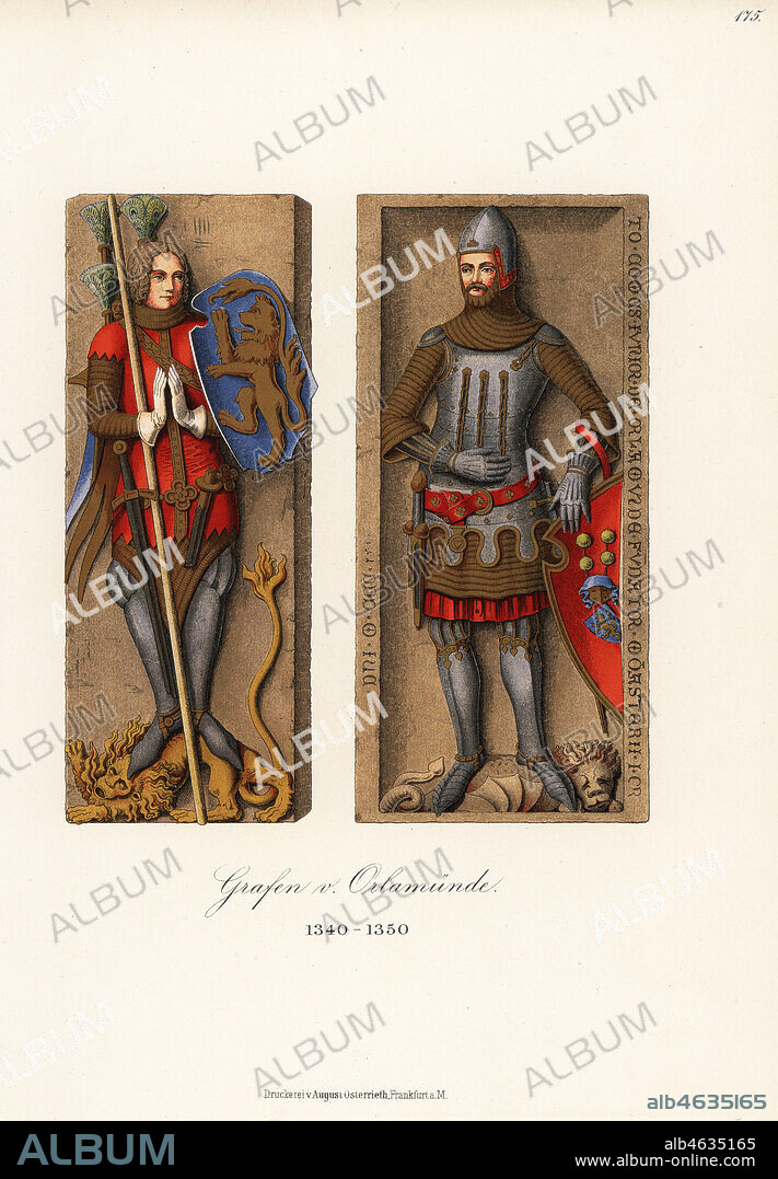 Unknown Earl von Orlamunde (left) and Otto VI or Otto VII von Weimar-Orlamunde (right), died 1340. From grave effigies in Kloster Himmelkron and a Cistercian monastery. Chromolithograph from Hefner-Alteneck's Costumes, Artworks and Appliances from the Middle Ages to the 17th Century, Frankfurt, 1889. Illustration by Dr. Jakob Heinrich von Hefner-Alteneck, lithographed by C.R. Dr. Hefner-Alteneck (1811 - 1903) was a German museum curator, archaeologist, art historian, illustrator and etcher.