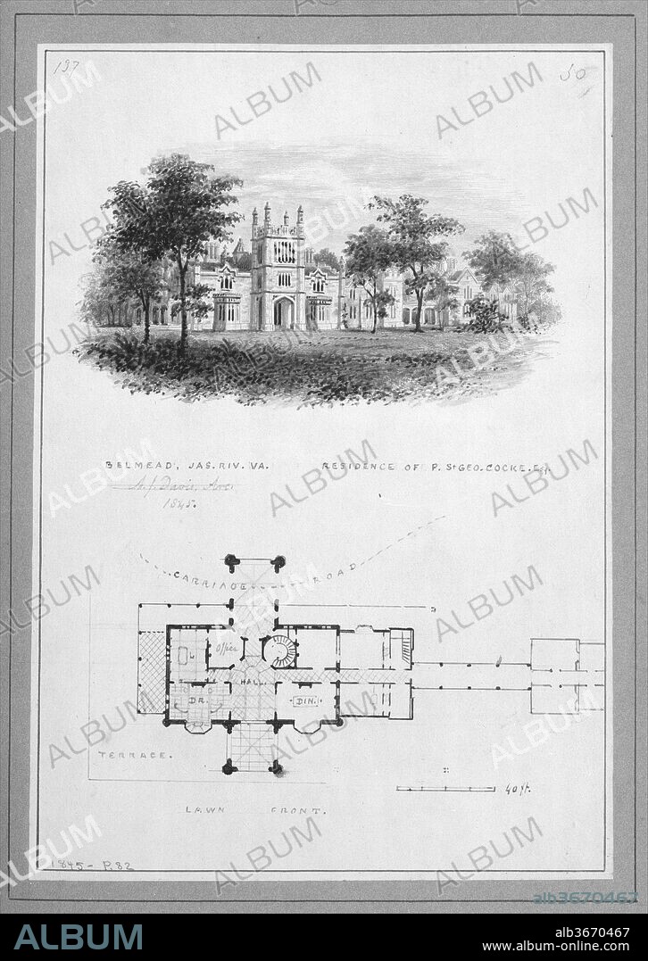 "Belmead", James River, Virginia, Residence of Philip St. George Cocke (vignette of riverside elevation and plan). Artist: Alexander Jackson Davis (American, New York 1803-1892 West Orange, New Jersey). Dimensions: sheet: 8 3/8 x 5 13/16 in. (21.2 x 14.7 cm). Date: 1845.