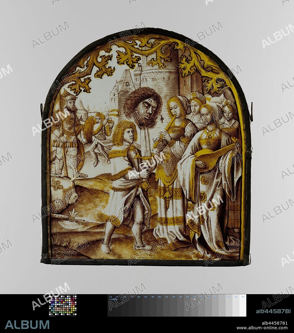 The triumph of David, David and Goliath (1 Samuel 17: 51ff). Stained glass window in grisaille and silver yellow, arched. The scene is closed on the curved upper side by an edge of Gothic acanthus work, originating from the edge of the performance. The window belongs to a series devoted to Old Testament scenes from David's life., anonymous (possibly), Leiden (possibly), c. 1520, glass, pigment, h 22 cm × w 17 cm.