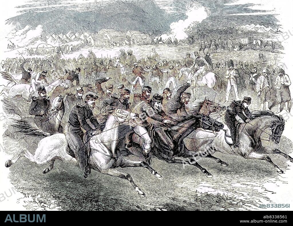 Rider games to divert the soldiers in the English camp of Sevastopol, Crimean War, 1855 / Reiterspiele zur Ablenkung der Soldaten im englischen Lager von Sewastopol, Krimkrieg, 1855, historisch, C:CC5historical, digital improved reproduction of an original from the 19th century / digitale Reproduktion einer Originalvorlage aus dem 19. Jahrhundert, Originaldatum nicht bekannt.