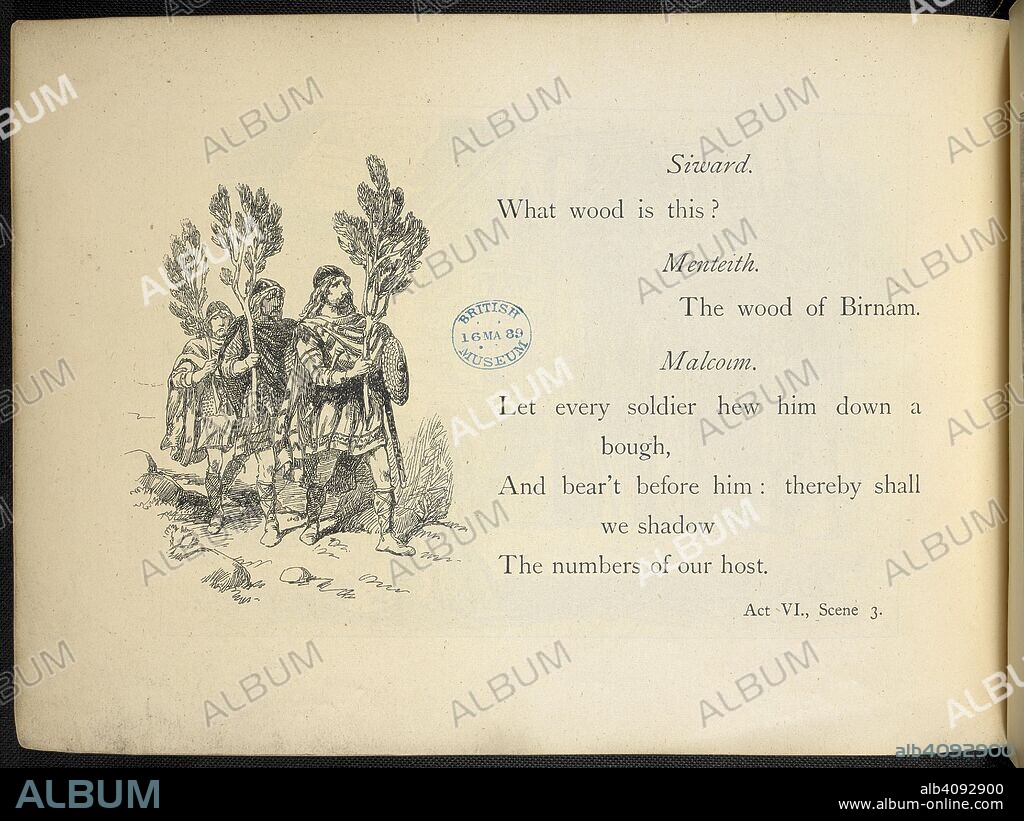 WILLIAM SHAKESPEARE. Soldiers carrying boughs from Birnam Wood as they march to Dunsinane Castle, thereby disguising their numbers . Souvenir of Macbeth, produced at the Lyceum Theatre, by Henry Irving, 29th December, 1888. London : Cassell & Co., [1889]. Source: 11766.f.27, plate 24. Language: English.