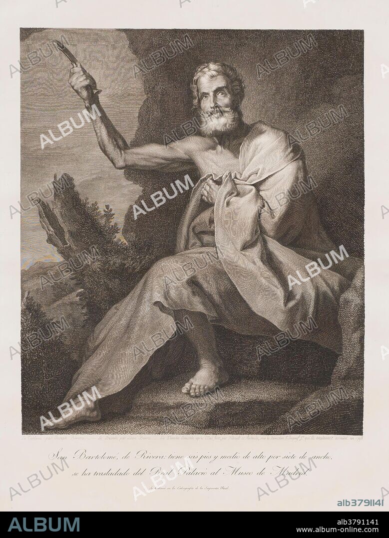 PIERRE AUDOUIN, LEÓN BUENO, CALCOGRAFIA NACIONAL, JEAN FRANÇOIS RIBAULT and FRANÇOIS-ROBERT INGOUF. Pierre Audouin (Engraver) (After Ribera, Jusepe de, lo Spagnoletto); León Bueno (Drafstman); Calcografía Nacional (The seller); Jean François Ribault (Engraver); François-Robert Ingouf (Director) / 'Saint Bartholomew'. 1798. Taille douce: etching and engraving on continuous paper; 1798. Taille douce: etching and engraving on continuous paper.