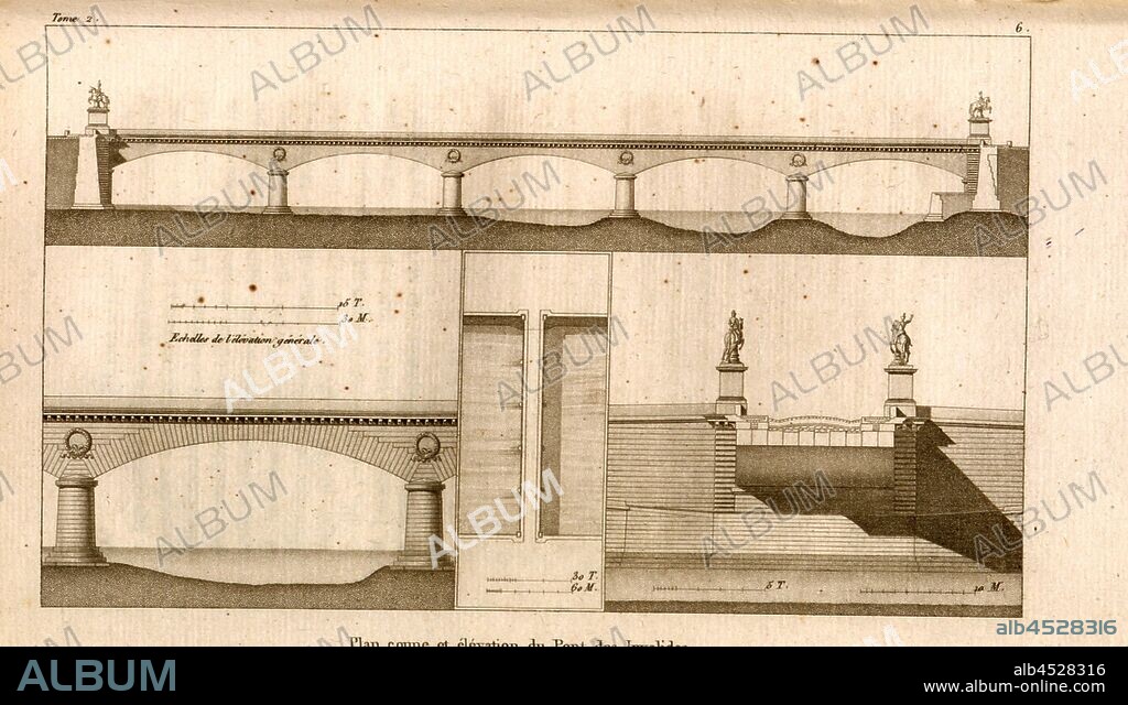 Plan cut and elevation of the Pont des Invalides, Floor plan, cross section and façade Pont des Invalides in Paris, 6, after p. 32, p. 48, J. G. Legrand; C. P. Landon: Description de Paris et de ses édifices: avec un précis historique et des observations sur le caractère de leur architecture, et sur les principaux objets d'art et de curiosité qu'ils renferment. Seconde édition, corrigée avec soin dans toutes ses Parties, et considérablement augmentée. Bd. 2. Paris. Strasbourg. Treuttel et Würtz, 1818.