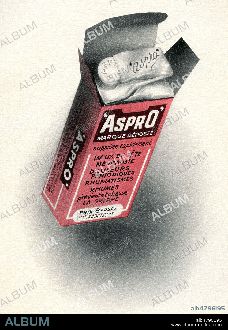 Aspro supprime rapidement maux de tete, nephralgie, douleurs periodiques rhumatismes rhumes, previent et chasse la grippe. Illustration anonyme pour une publicite de 1941. Credit : Collection Jonas/Kharbine-Tapabor.