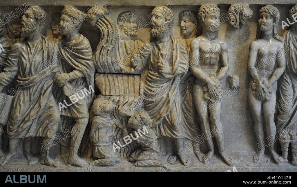 Sarcophagus of Astorga. The reliefs depict scenes of the Old and New Testament. Detail of Arrest of Saint Peter, Saint Peter making water flow from the rock and Adam and Eve next to the Tree of Science. Ca.310. Detail of the front. Marble. Cathedral of Astorga (Leon province, Castile and Leon). National Archaeological Museum. Madrid. Spain.