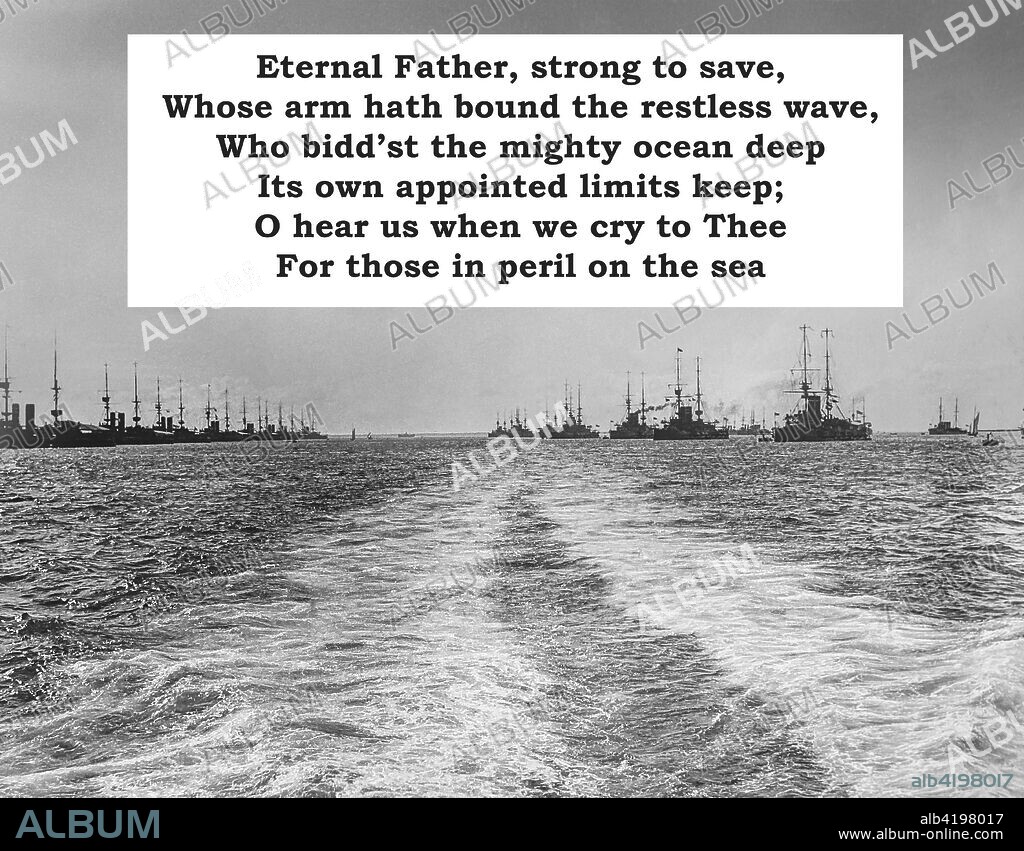 Lyrics to the Navy hymn 'Eternal Father, Strong to Save' with a background of ships on the ocean.