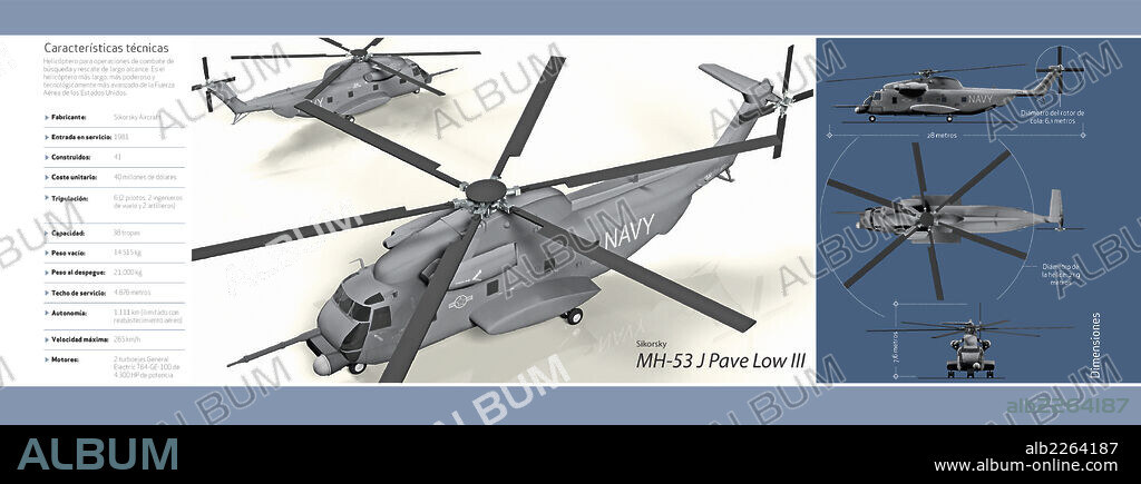 Sikorsky MH-53J Pave Low III. Infografía del helicóptero Sikorsky MH-53J Pave Low III, de la Fuerza Aérea de Estados Unidos que entró en servicio en 1981.