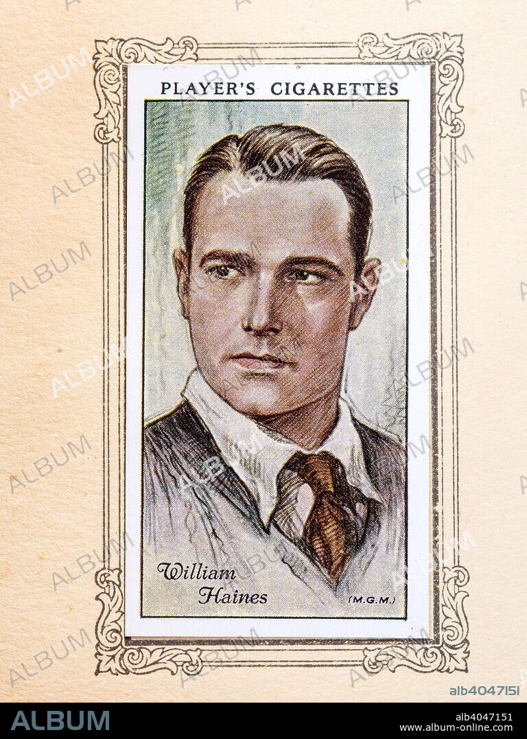 William Haines, 1934. Charles William Billy Haines (January 2, 1900 - December 26, 1973), known professionally as William Haines, was an American film actor and interior designer. From An Album of Film Stars; Second Series issued by John Player & Sons. [Imperial Tobacco & Co Ltd, 1934].