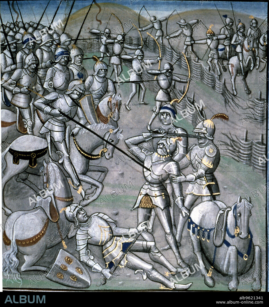 Scene of the Battle of Poitiers (732), with Carlos Martel winner of the Arabs. Miniature of the 'Chroniques de Jean Froissart' XIV century.