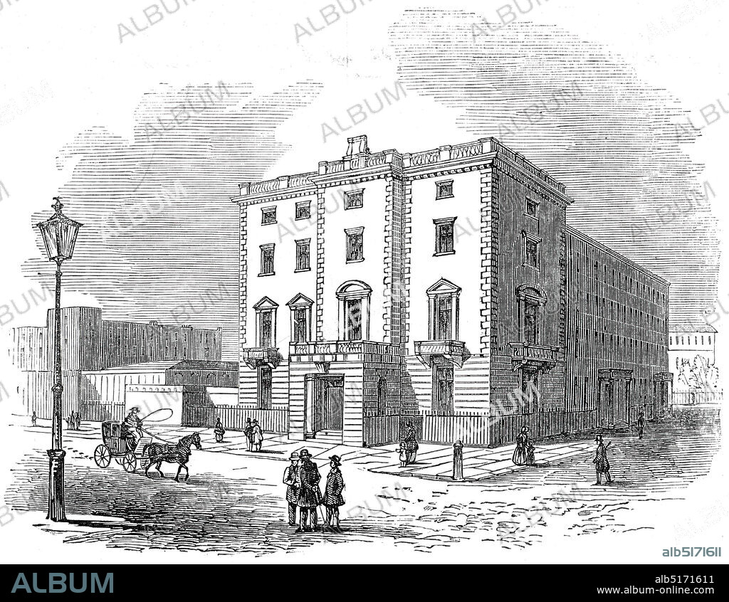 Lord John Russell's house, Chesham-Place, 1845. Exterior of 37 Chesham Place, Belgravia, the London home of British politician and prime minister, John Russell, first Earl Russell. From "Illustrated London News", 1845, Vol VII.