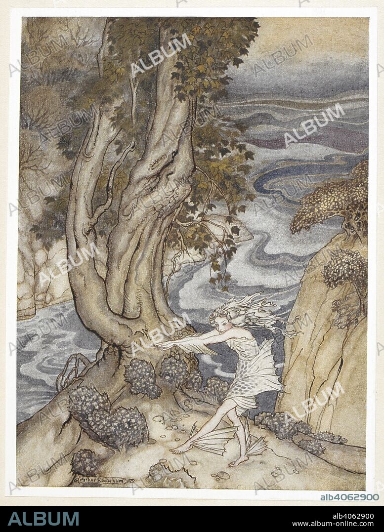 WILLIAM SHAKESPEARE. ACT I: Scene II, line 316  Re-enter ARIEL like a water-nymph.  . The Tempest ... Illustrated by Arthur Rackham. London : William Heinemann ; New York : Doubleday, Page & Co., 1926. Source: 11766.dd.3 plate 4.