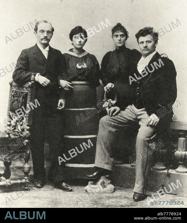 Lasker-Schüler, Else Schriftstellerin; 1869-1945. (V. l. n. r.:) Berthold Lasker (Ehemann), Else Lasker-Schüler, Anna Lindner (Schwester) und Franz Lindwurm, genannt Lindner. Photographie, Frühjahr 1894.