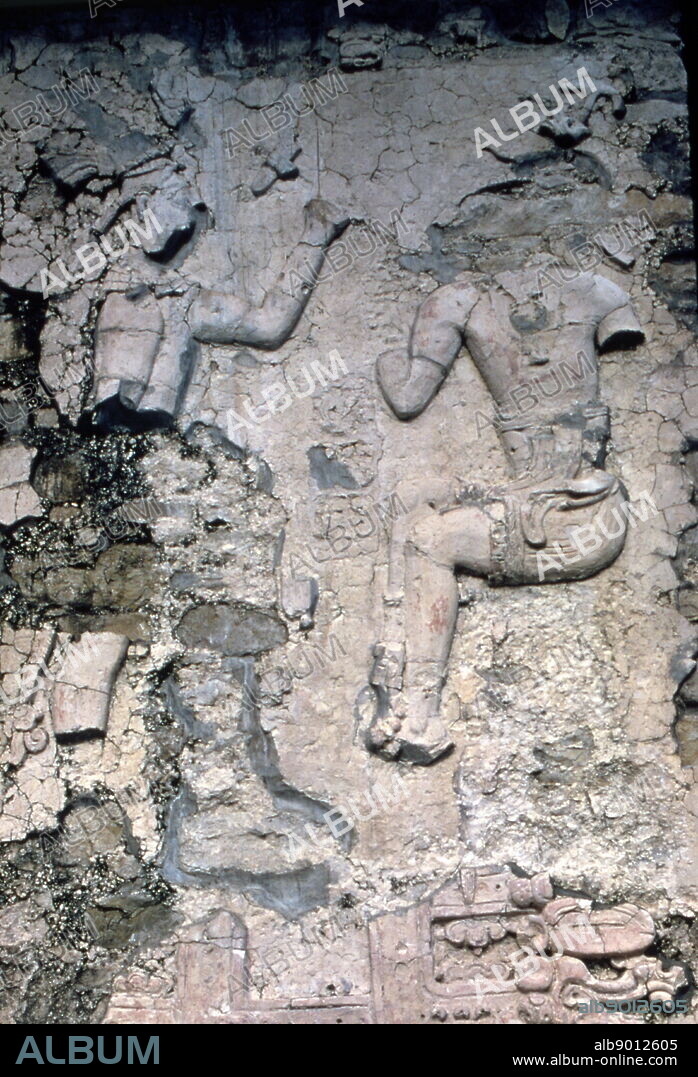 Stucco relief in Mayan palace at the pre-Columbian Maya civilization site of Palenque.