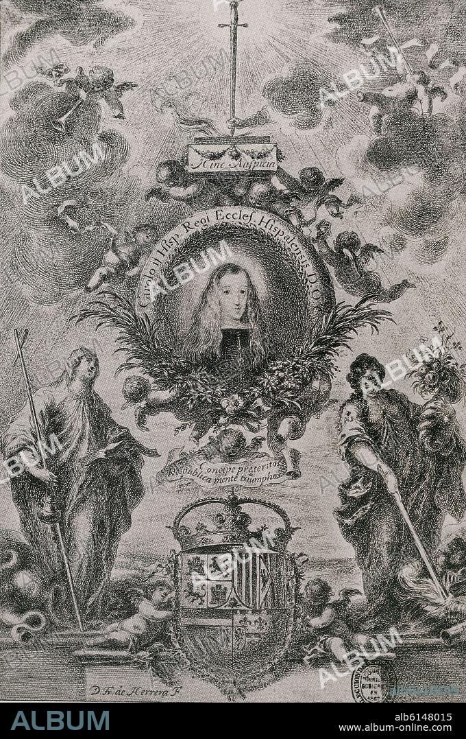 FRANCISCO HERRERA THE YOUNGER. GRABADO-CARLOS II REY CATOLICO-S XVII-SG 38.742-PORTADA DE OBRA.