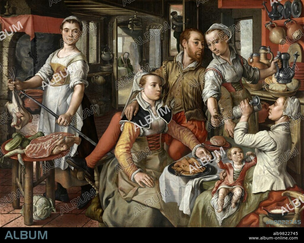Prostitution, brothel scene c. 1563 by the painter Joachim Beuckelaer, Historical, digitally restored reproduction from a 19th century original