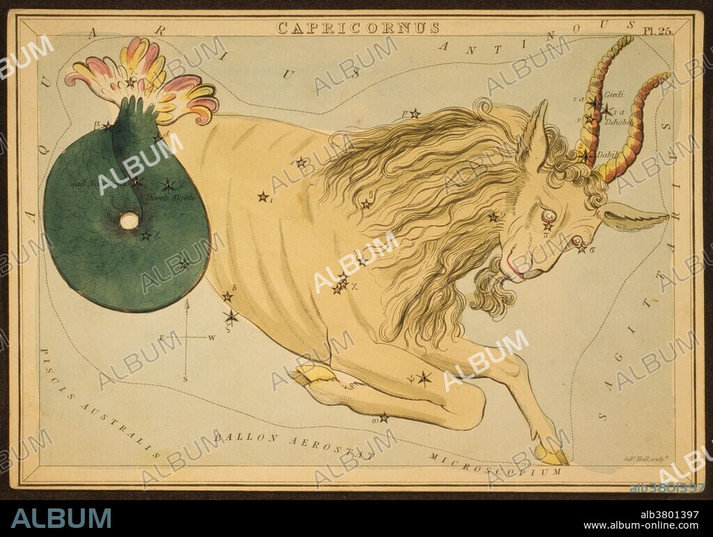 Astronomical chart showing a goat forming the constellation. Capricornus is one of the constellations of the zodiac, it is often called Capricorn, especially when referring to the corresponding astrological sign. Its name is Latin for "horned goat" or "goat horn", and it is commonly represented in the form of a sea-goat: a mythical creature that is half goat, half fish. Capricornus was one of the 48 constellations described by the 2nd century astronomer Ptolemy and is now one of the 88 modern constellations defined by the International Astronomical Union. Capricorn is the tenth astrological sign in the Zodiac, originating from the constellation of Capricornus. It spans the 270-300th degree of the zodiac, between 270 and 305.25 degree of celestial longitude. The Sun transits this area of the zodiac from December 22 to January 19 each year. Urania's Mirror is a boxed set of 32 constellation cards first published by Samuel Leigh of the Strand, London, in or shortly before 1825. An unidentified lady, referred to by her nom-de-plume, Jehoshaphat Aspin, designed these whimsical astronomy cards. The engraver was Sidney Hall.
