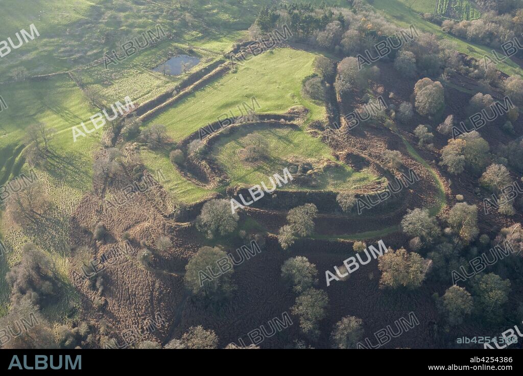 Elmley Castle, the earthwork remains of a Medieval ringwork and bailey located within two Iron Age hillforts, Worcestershire, 2014.