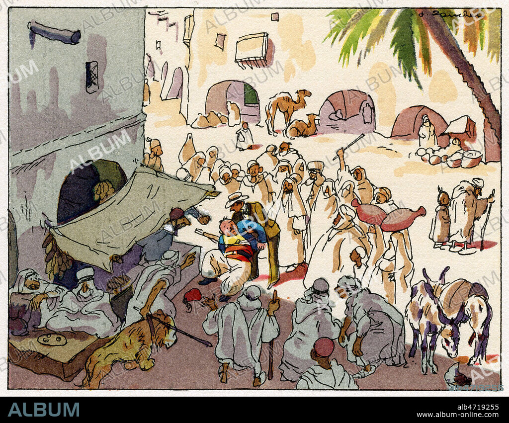 Tartarin jete a terre par les proprietaire du lion domestique et aveugle. Illustration par Jacques TOUCHET (1887-1949) pour Tartarin de Tarascon d'Alphonse DAUDET (1840-1897). Credit : Coll. Jonas/KHARBINE-TAPABOR.