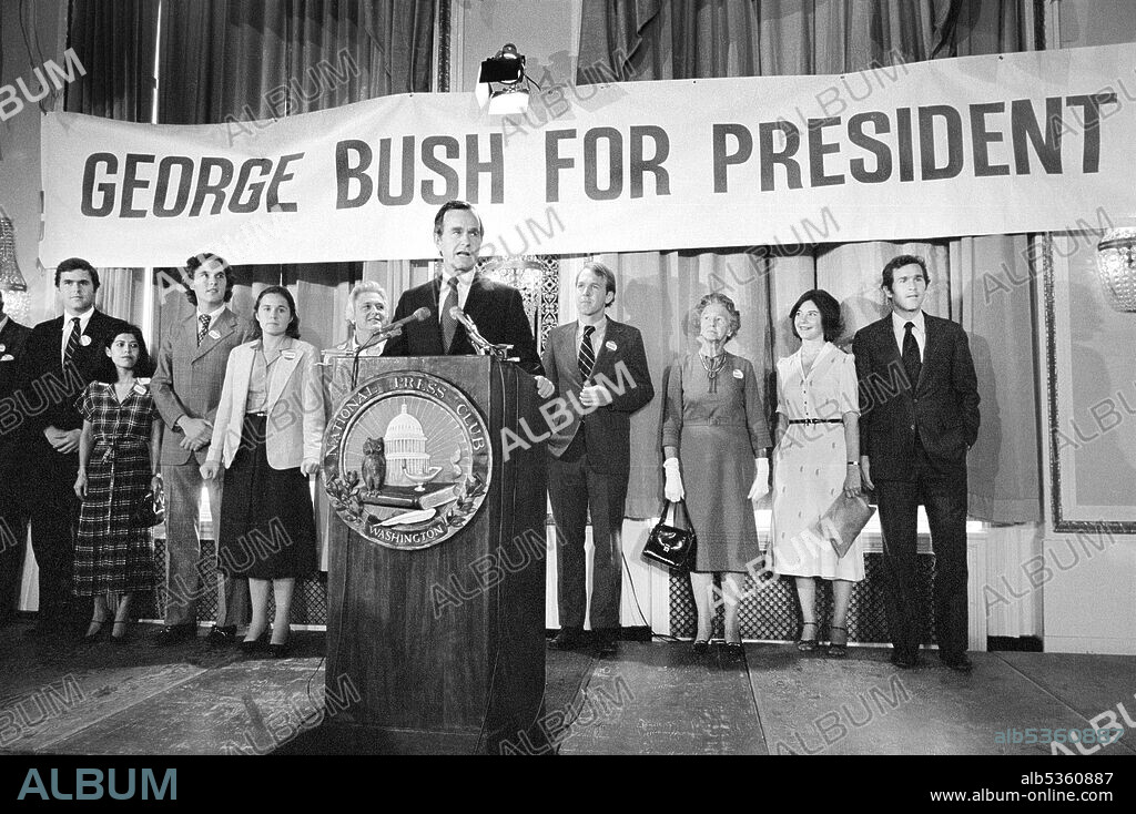 George H.W. Bush announcing his candidacy for President, his wife Barbara Bush, mother Dorothy Walker Bush and his children in Background, Thomas J. O'Halloran, May 1, 1979.