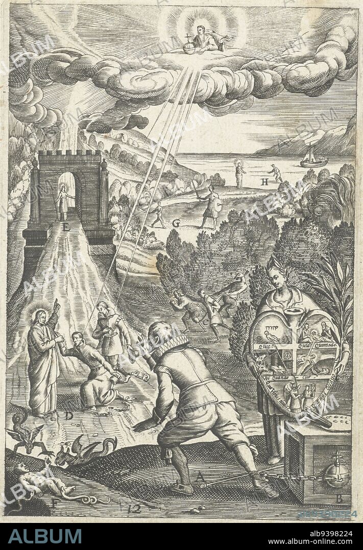 A chained man looks at a scene where Christ delivers two believing men from their sins and their chains. Their trust in God makes them live in virtue and directs them on the right path to eternal life which is shown in the background. A Bible scene is cited as an example: the shepherd boy David won the battle against the great Goliath because of his steadfast faith, Emblem with man who sees how trust in God can redeem a man from sin and make him live in virtue Den wech des eeuwich levens (series title), Boëtius Adamsz. Bolswert, print maker: anonymous, publisher: Hendrik Aertssens (II), Antwerp, 1620 - 1623 and/or 1623, paper, engraving, h 138 mm × w 94 mm.