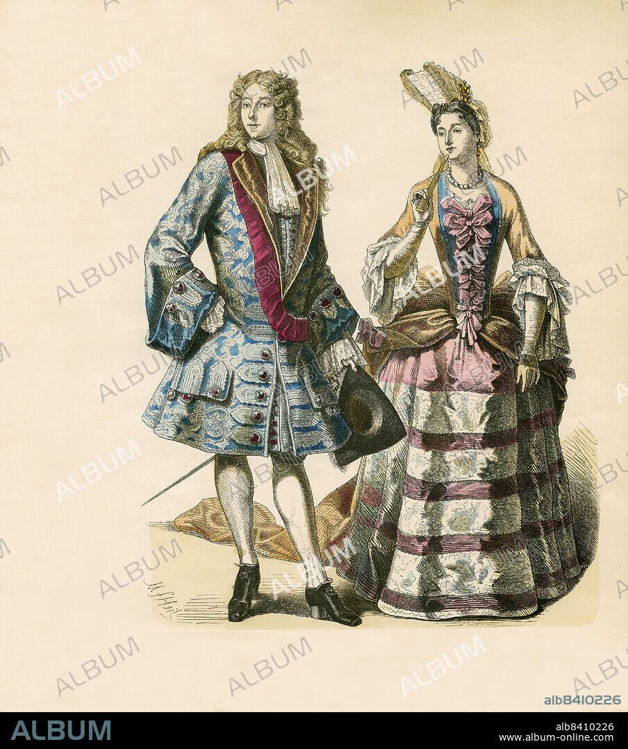 Gentleman and Lady of the Court of Louis XIV, First Third of the 18th Century, Illustration, The History of Costume, Braun & Schneider, Munich, Germany, 1861-1880.