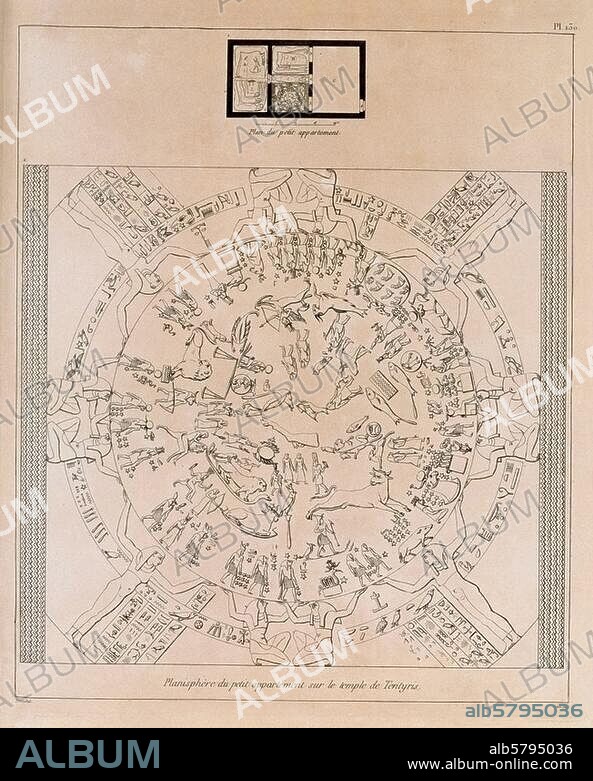 Astronomie / Tierkreis. "Planisphère du petit appartement sur le temple de Tentyris. Kupferstich nach der ägypt. Wandmalerei im Hathortempel zu Dendera (Oberägypt.). Aus: Dominique Vivant Denon, Voyage dans la Haute et Basse-Egypte pendant les campagnes du Général Bonaparte, Paris. 1802, Tafel 130. Paris, Privatsammlung.