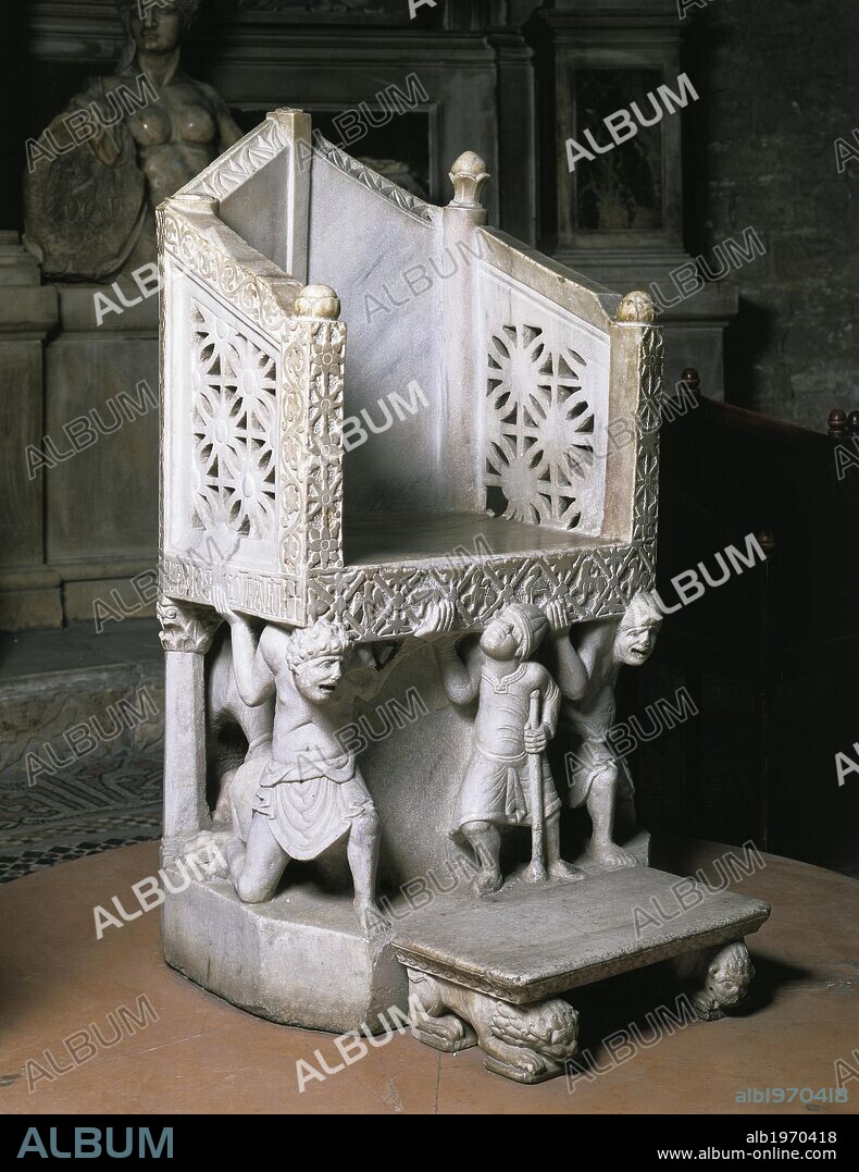 Cathedra of Bishop Elias, 1098, marble sculpture by unknown artist from Bari, Romanesque art, late 11th century, Basilica of San Nicola di Bari, Apulia. Italy, 11th century.