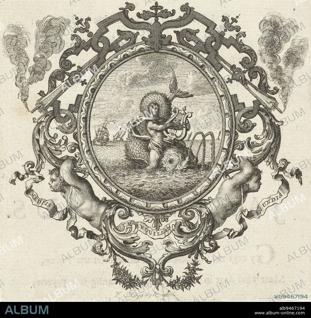 Emblem depicting a man, possibly Arion, playing a lyre and sitting on the back of a dolphin in calm seas. The representation is included in a circular frame with banderole with motto Mediis tranquillat in undis (calm amidst the raging waves), Man playing lyre and sitting on back of dolphin in calm sea in frame with ornaments and extinguished torch, print maker: François van Bleyswijck, (mentioned on object), François van Bleyswijck, (mentioned on object), Leiden, 1681 - 1746, paper, etching, h 98 mm × w 100 mm.