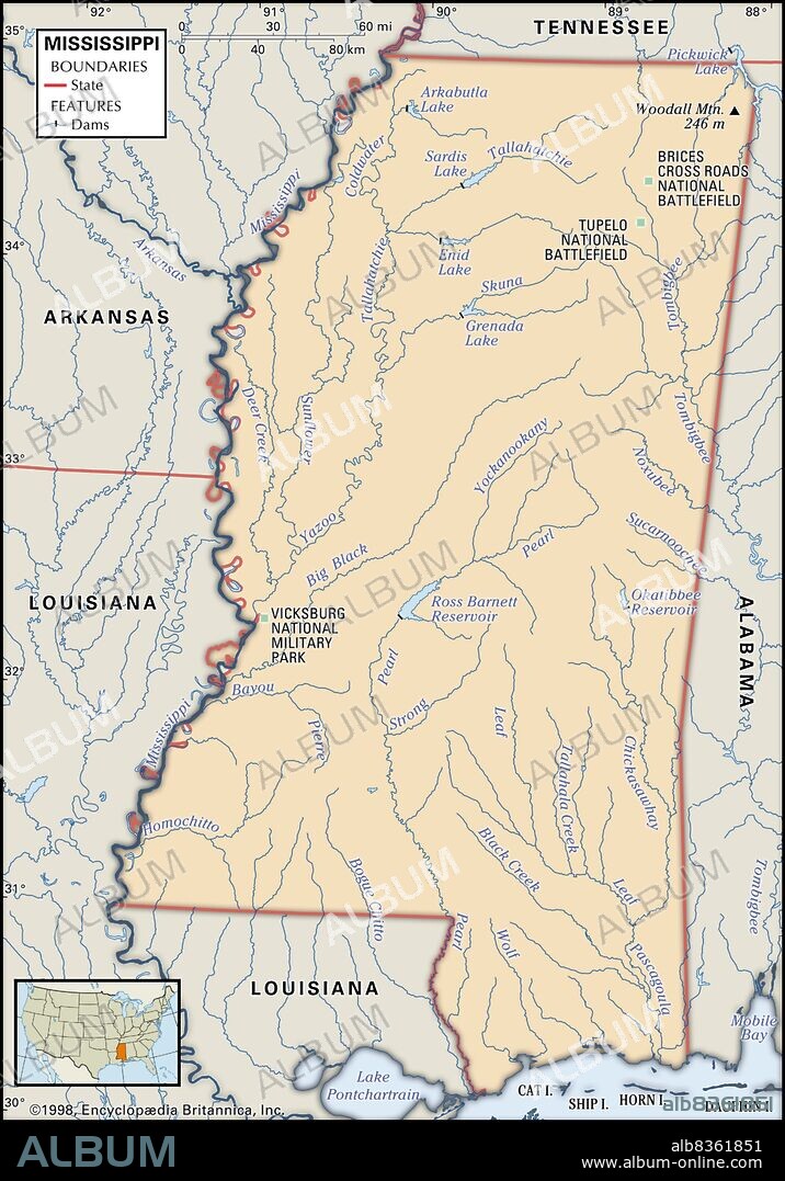 Physical map of Mississippi.